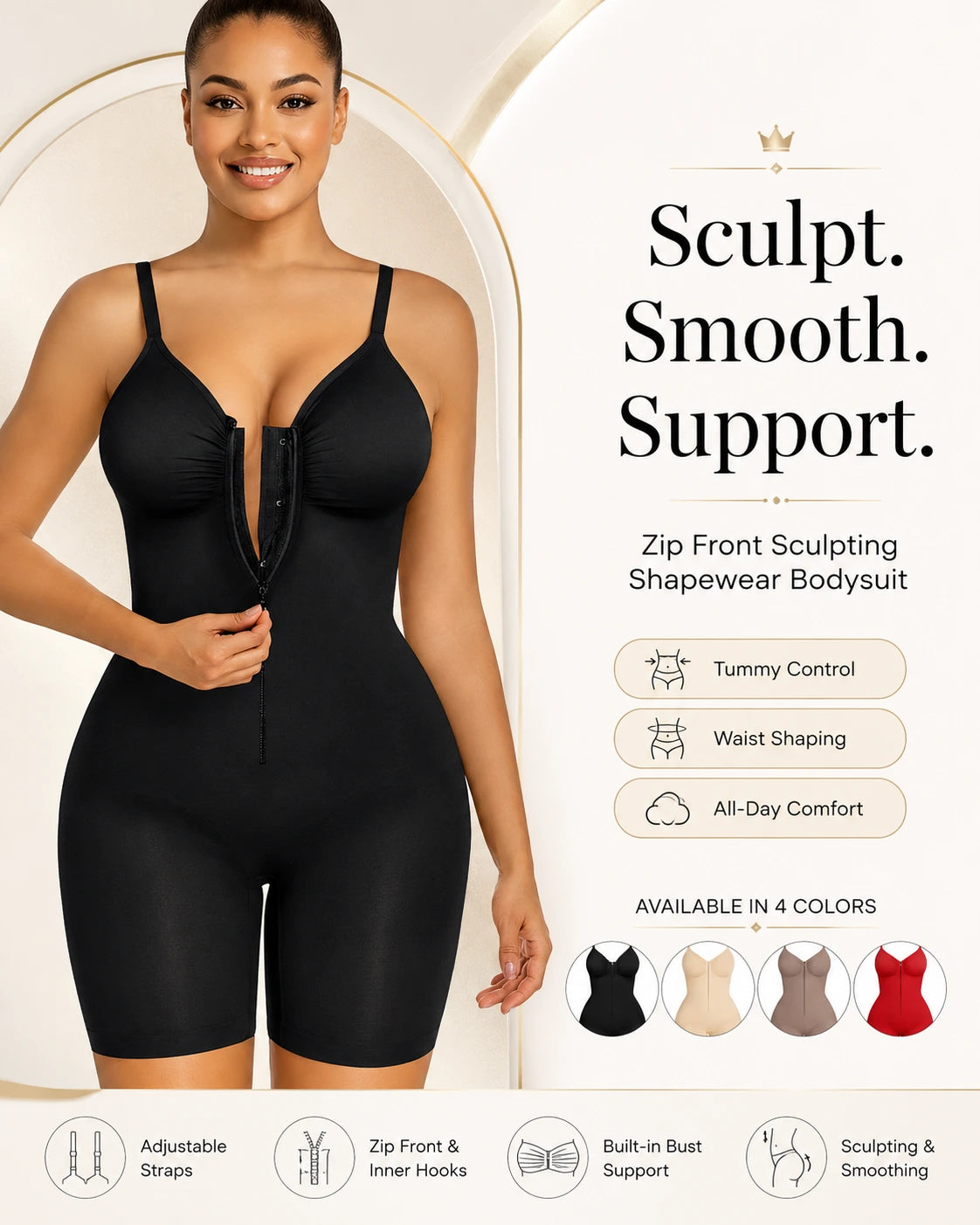 Lina™ Zip-Front Shapewear Bodysuit — Smooths, Shapes & Supports All Day